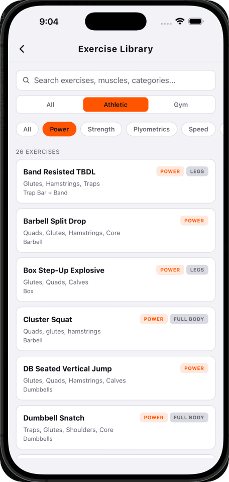 Forge Ascend exercise library with athletic and gym filters