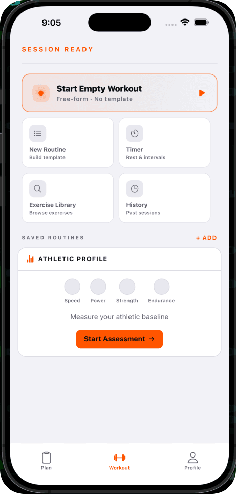 Forge Ascend workout screen showing session options and athletic profile